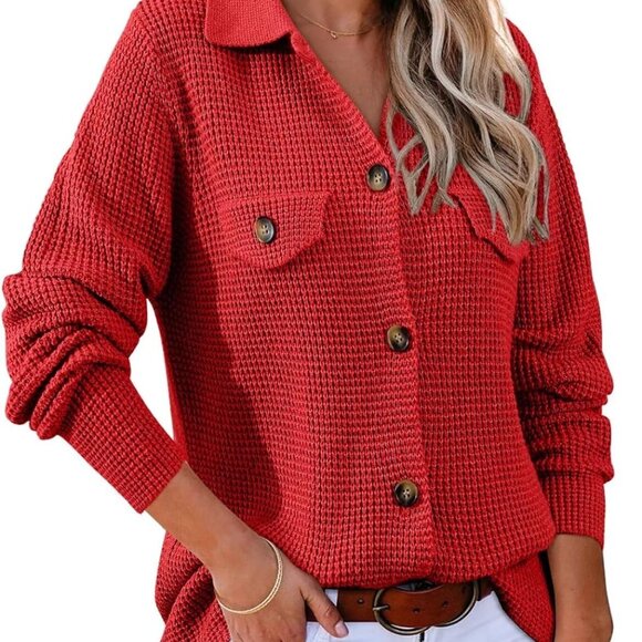 Women 2025 Fall Outfits Waffle Knit Sweater Shacket Jacket Casual Long Sleeve Bu - Picture 1 of 6